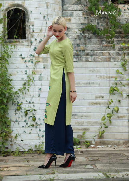 ÁO DÀI LINEN XANH THÊU HOẠ TIẾT LÁ