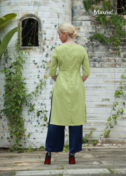 ÁO DÀI LINEN XANH THÊU HOẠ TIẾT LÁ