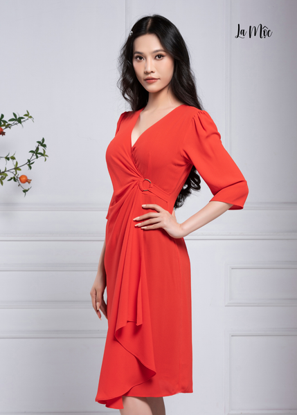 ĐẦM CAM ĐỎ CỔ TIM, KHOÁ TRÒN EO MAXIVIC