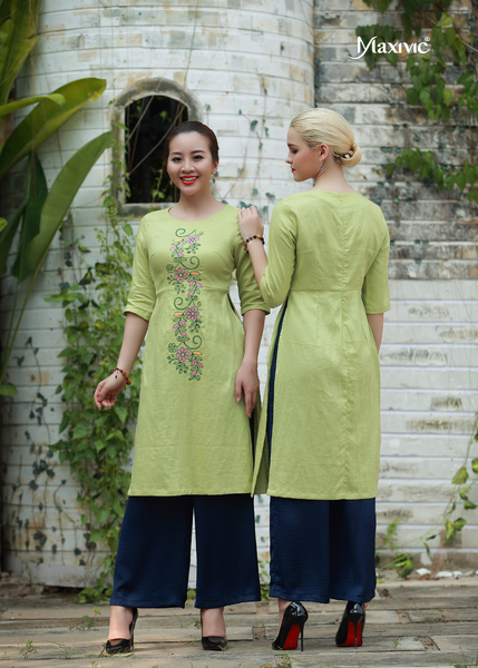 ÁO DÀI LINEN XANH THÊU HOẠ TIẾT LÁ