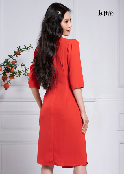 ĐẦM CAM ĐỎ CỔ TIM, KHOÁ TRÒN EO MAXIVIC