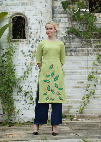 ÁO DÀI LINEN XANH THÊU HOẠ TIẾT LÁ