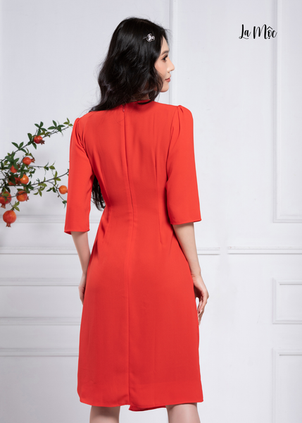 ĐẦM CAM ĐỎ CỔ TIM, KHOÁ TRÒN EO MAXIVIC