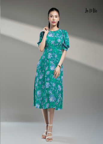 ĐẦM LỤA HOA XANH TRẮNG TAY PHỒNG MAXIVIC