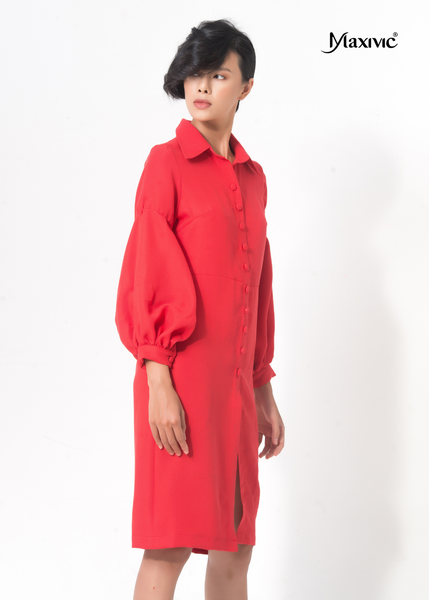 ĐẦM SƠ MI LINEN ĐỎ, TAY PHỒNG