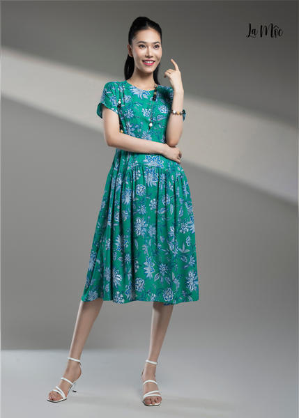 ĐẦM LỤA XANH TRẮNG TAY LIỀN LA MỘC