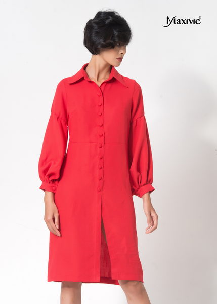 ĐẦM SƠ MI LINEN ĐỎ, TAY PHỒNG