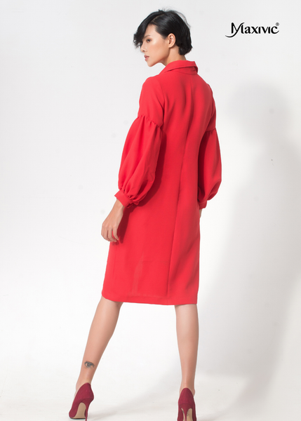 ĐẦM SƠ MI LINEN ĐỎ, TAY PHỒNG