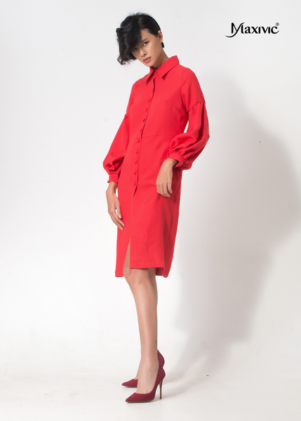 ĐẦM SƠ MI LINEN ĐỎ, TAY PHỒNG