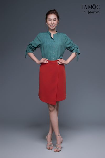 Áo sơmi xanh rêu linen mix tay rút dây Maxivic