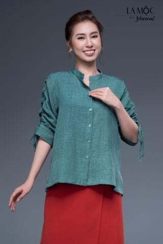 Áo sơmi xanh rêu linen mix tay rút dây Maxivic