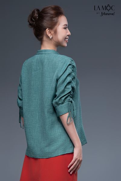Áo sơmi xanh rêu linen mix tay rút dây Maxivic
