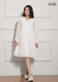 ĐẦM BABY DOLL TRẮNG LA MỘC, LỤA CREP KOREA KẾT HỢP CHIFFON, TAY DÀI, TÙNG XÒE GIẤU BỤNG