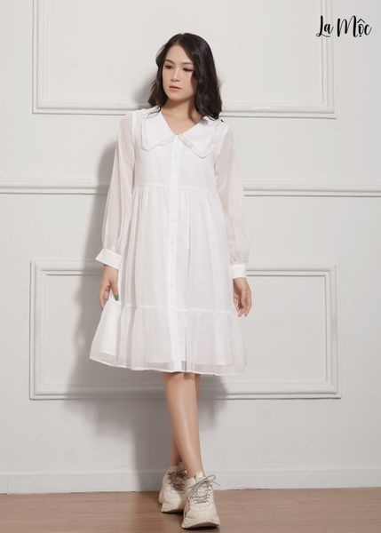 ĐẦM BABY DOLL TRẮNG Maxivic, LỤA CREP KOREA KẾT HỢP CHIFFON, TAY DÀI, TÙNG XÒE GIẤU BỤNG