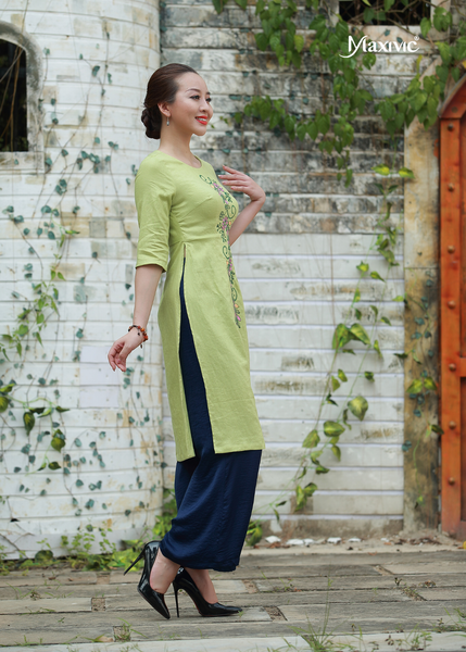 ÁO DÀI LINEN XANH THÊU HOẠ TIẾT HOA