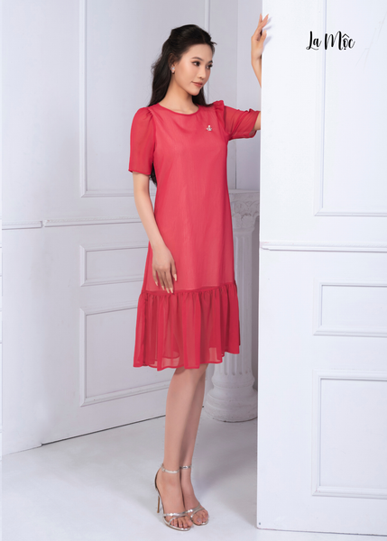 ĐẦM CHIFFON KOREA ĐỎ, CỔ TRÒN, PHOM SUÔNG