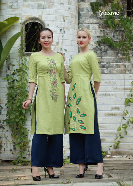 ÁO DÀI LINEN XANH THÊU HOẠ TIẾT HOA