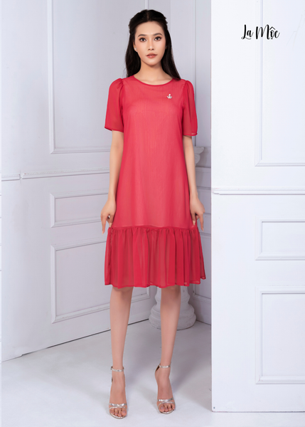 ĐẦM CHIFFON KOREA ĐỎ, CỔ TRÒN, PHOM SUÔNG