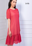 ĐẦM CHIFFON KOREA ĐỎ, CỔ TRÒN, PHOM SUÔNG