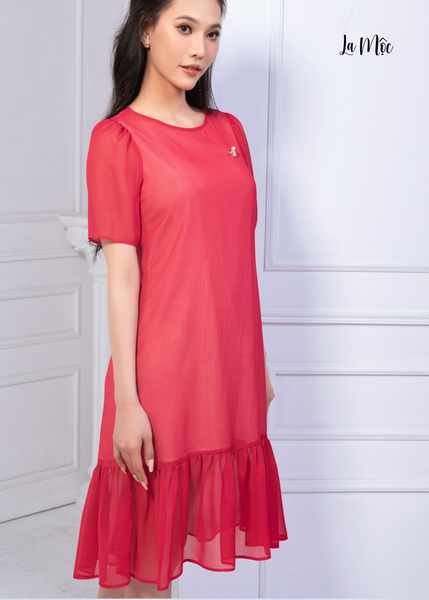ĐẦM CHIFFON KOREA ĐỎ, CỔ TRÒN, PHOM SUÔNG