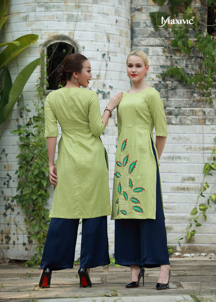 ÁO DÀI LINEN XANH THÊU HOẠ TIẾT HOA