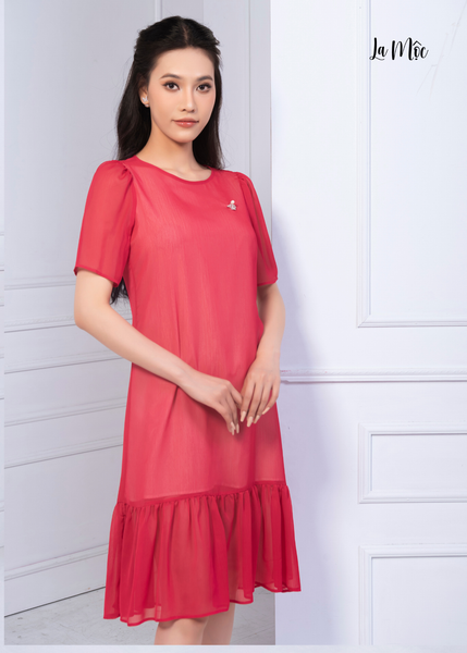 ĐẦM CHIFFON KOREA ĐỎ, CỔ TRÒN, PHOM SUÔNG