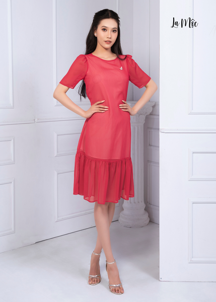 ĐẦM CHIFFON KOREA ĐỎ, CỔ TRÒN, PHOM SUÔNG