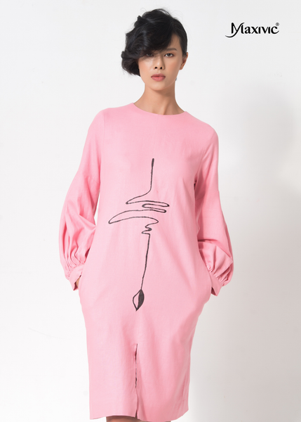 ĐẦM LINEN HỒNG DÁNG SUÔNG, VẼ HOA