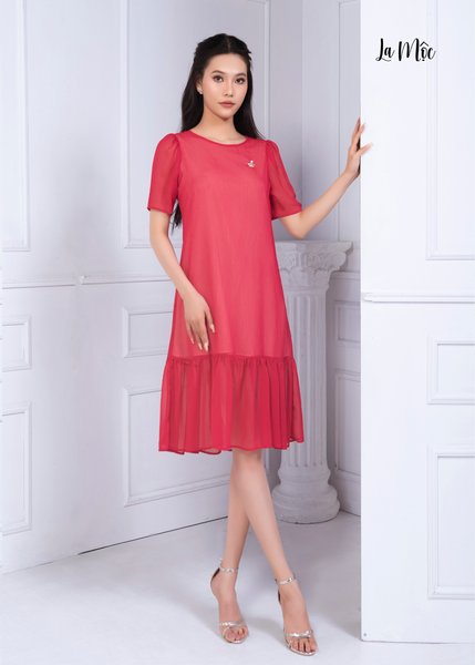 ĐẦM CHIFFON KOREA ĐỎ, CỔ TRÒN, PHOM SUÔNG