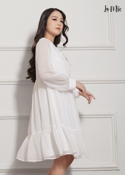 ĐẦM BABY DOLL TRẮNG Maxivic, LỤA CREP KOREA KẾT HỢP CHIFFON, TAY DÀI, TÙNG XÒE GIẤU BỤNG