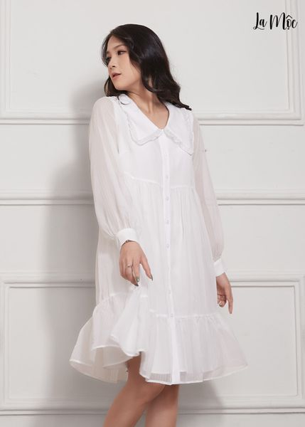ĐẦM BABY DOLL TRẮNG Maxivic, LỤA CREP KOREA KẾT HỢP CHIFFON, TAY DÀI, TÙNG XÒE GIẤU BỤNG