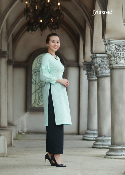 ÁO DÀI LAYA XANH NGỌC HOA NỔI MAXIVIC