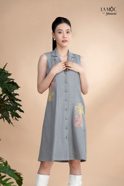 Đầm xô lụa xám thêu, cổ đan tông Maxivic