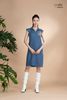 Đầm xô lụa xanh jeans thêu hoa, cổ V La Mộc