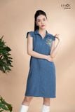 Đầm xô lụa xanh jeans thêu hoa, cổ V La Mộc