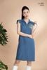 Đầm xô lụa xanh jeans thêu hoa, cổ V La Mộc