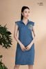 Đầm xô lụa xanh jeans thêu hoa, cổ V La Mộc