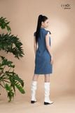 Đầm xô lụa xanh jeans thêu hoa, cổ V La Mộc