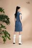 Đầm xô lụa xanh jeans thêu hoa, cổ V La Mộc