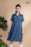 Đầm xô lụa xanh jeans thêu hoa, cổ sơmi La Mộc