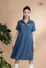 Đầm xô lụa xanh jeans thêu hoa, cổ sơmi La Mộc