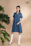 Đầm xô lụa xanh jeans thêu hoa, cổ sơmi La Mộc