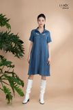 Đầm xô lụa xanh jeans thêu hoa, cổ sơmi La Mộc