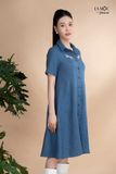 Đầm xô lụa xanh jeans thêu hoa, cổ sơmi La Mộc