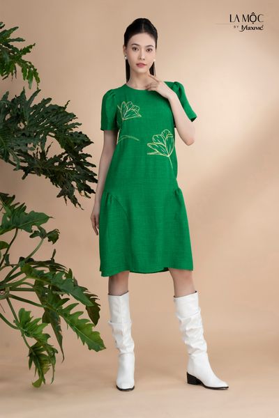 Đầm xô lụa xanh thêu tay phồng Maxivic
