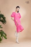 Đầm xô lụa hồng thêu, cổ V tay phồng La Mộc