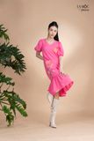 Đầm xô lụa hồng thêu, cổ V tay phồng La Mộc