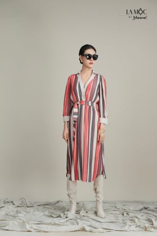 Đầm sơ mi sọc cổ phối kem Maxivic