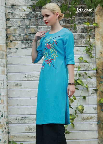 ÁO DÀI LINEN XANH BIỂN THÊU HOẠ TIẾT HOA TRÁI