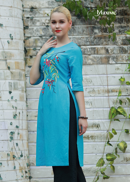 ÁO DÀI LINEN XANH BIỂN THÊU HOẠ TIẾT HOA TRÁI